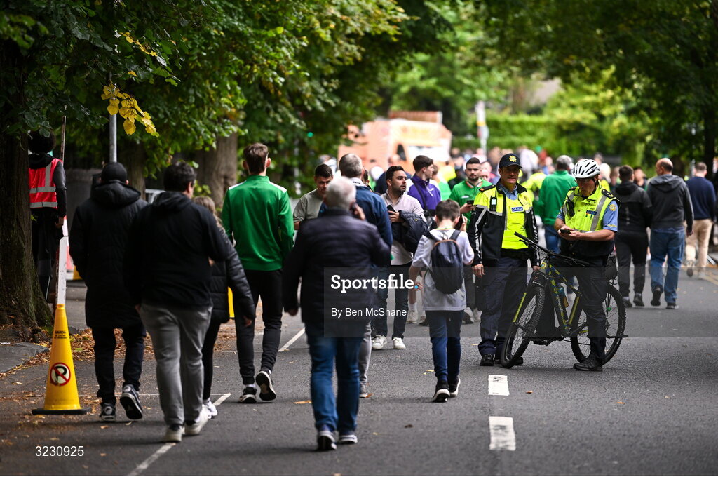 6 September 2025; Member of An Garda Síochana keep watch as supporters arrive ahead of the FIFA World Cup 2026 Group F qualifying match between Republic of Ireland and Hungary at the Aviva Stadium in Dublin. Photo by Ben McShane/Sportsfile