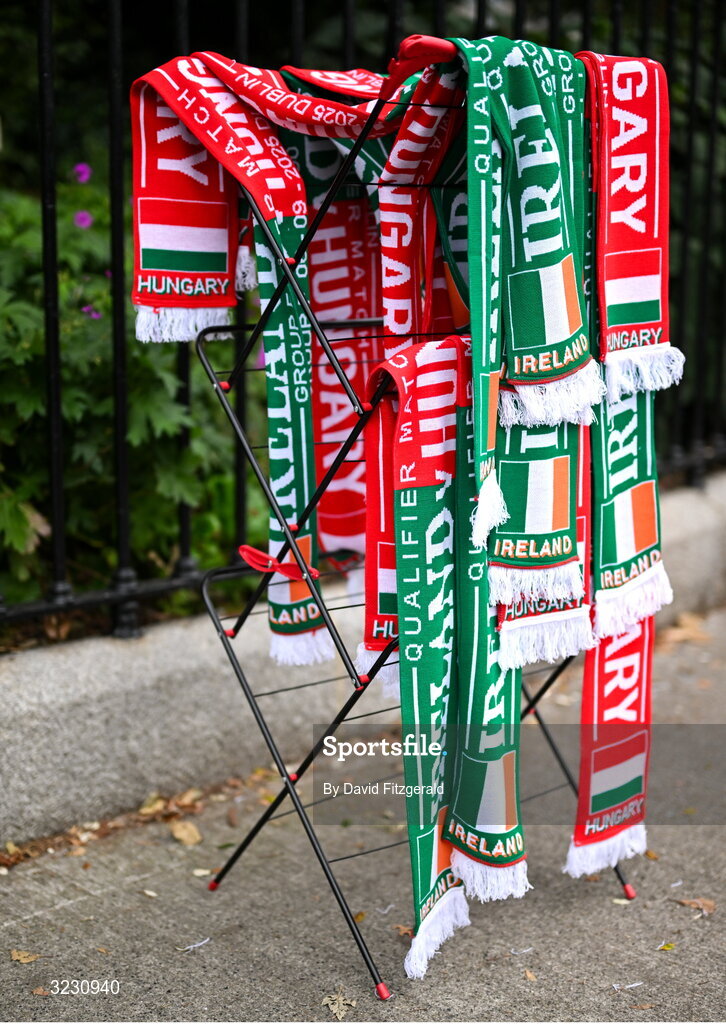 6 September 2025; A clothes horse is seen being used to sell merchandise ahead of the FIFA World Cup 2026 Group F qualifying match between Republic of Ireland and Hungary at the Aviva Stadium in Dublin. Photo by David Fitzgerald/Sportsfile