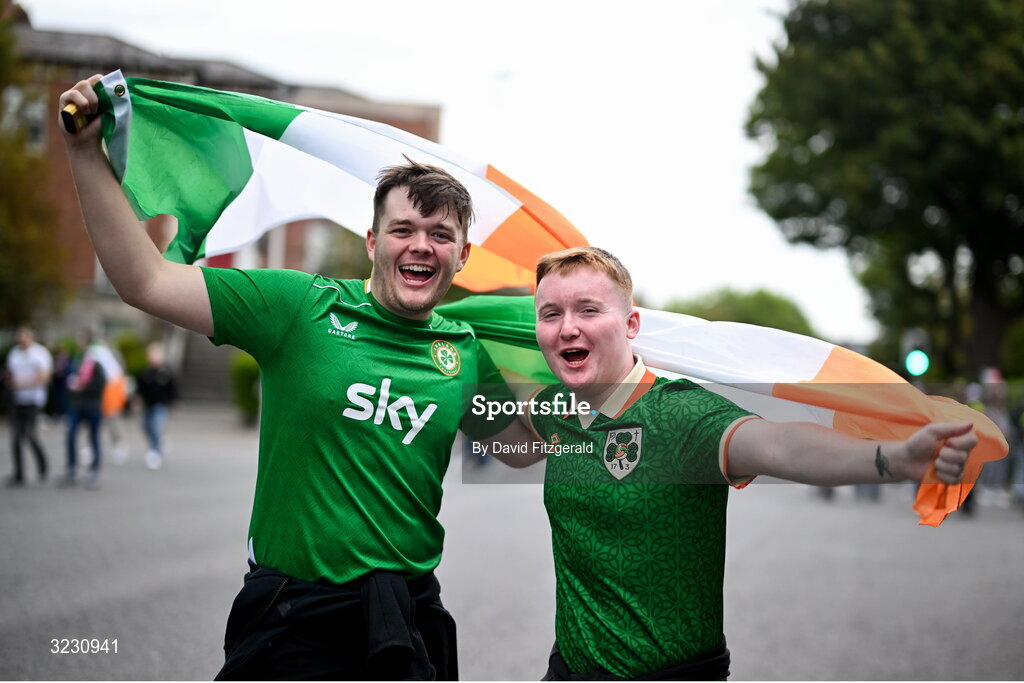 6 September 2025; Republic of Ireland supporters Cameron Behan, left, and Shane Dalton, from Dublin, before the FIFA World Cup 2026 Group F qualifying match between Republic of Ireland and Hungary at the Aviva Stadium in Dublin. Photo by David Fitzgerald/Sportsfile