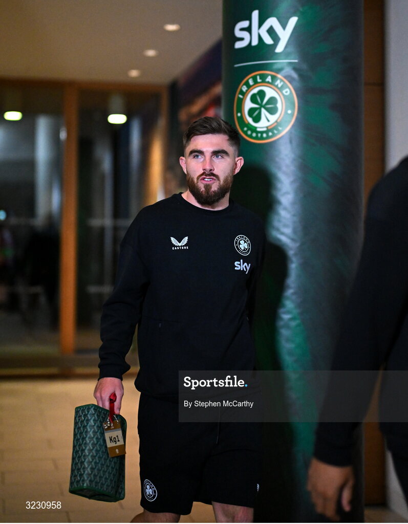 6 September 2025; Ryan Manning of Republic of Ireland arrives before the FIFA World Cup 2026 Group F qualifying match between Republic of Ireland and Hungary at the Aviva Stadium in Dublin. Photo by Stephen McCarthy/Sportsfile