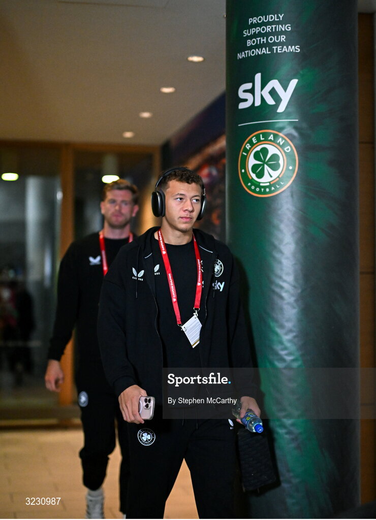 6 September 2025; Kasey McAteer of Republic of Ireland arrives before the FIFA World Cup 2026 Group F qualifying match between Republic of Ireland and Hungary at the Aviva Stadium in Dublin. Photo by Stephen McCarthy/Sportsfile