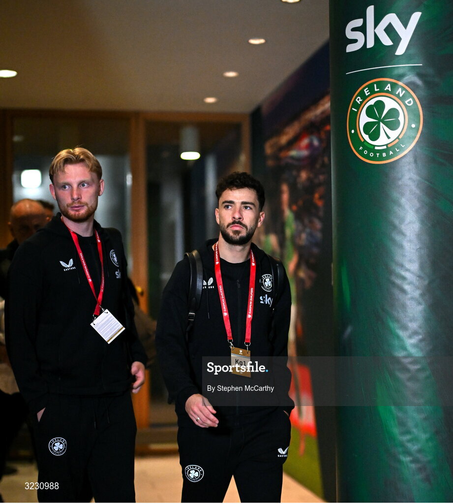6 September 2025; Liam Scales, left, and Mikey Johnston of Republic of Ireland arrive before the FIFA World Cup 2026 Group F qualifying match between Republic of Ireland and Hungary at the Aviva Stadium in Dublin. Photo by Stephen McCarthy/Sportsfile