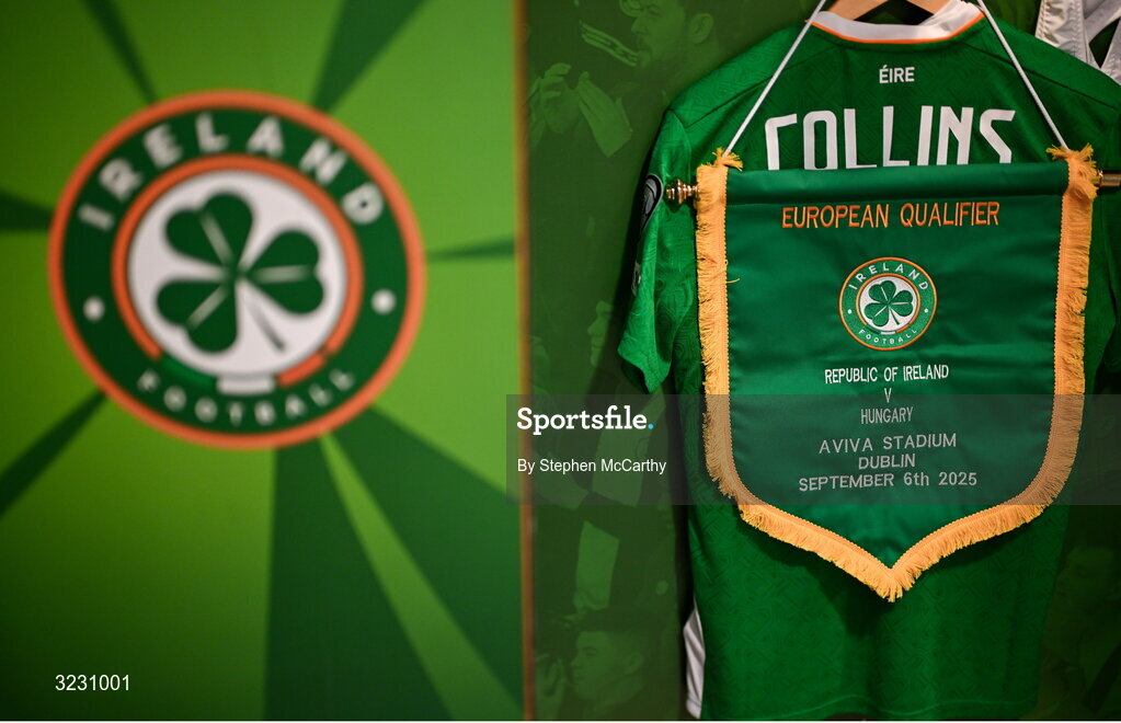 6 September 2025; The match pennant and jersey of captain Nathan Collins in the Republic of Ireland dressingroom before the FIFA World Cup 2026 Group F qualifying match between Republic of Ireland and Hungary at the Aviva Stadium in Dublin. Photo by Stephen McCarthy/Sportsfile