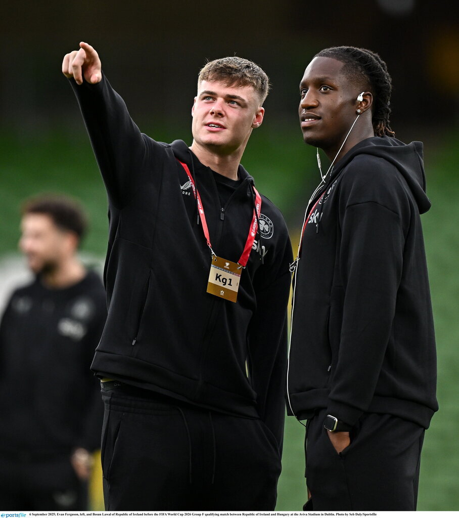 6 September 2025; Evan Ferguson, left, and Bosun Lawal of Republic of Ireland before the FIFA World Cup 2026 Group F qualifying match between Republic of Ireland and Hungary at the Aviva Stadium in Dublin. Photo by Seb Daly/Sportsfile