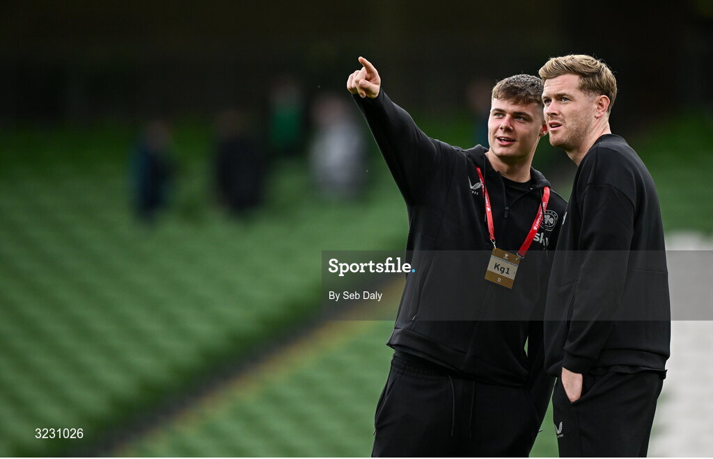 6 September 2025; Evan Ferguson, left, and Nathan Collins of Republic of Ireland before the FIFA World Cup 2026 Group F qualifying match between Republic of Ireland and Hungary at the Aviva Stadium in Dublin. Photo by Seb Daly/Sportsfile
