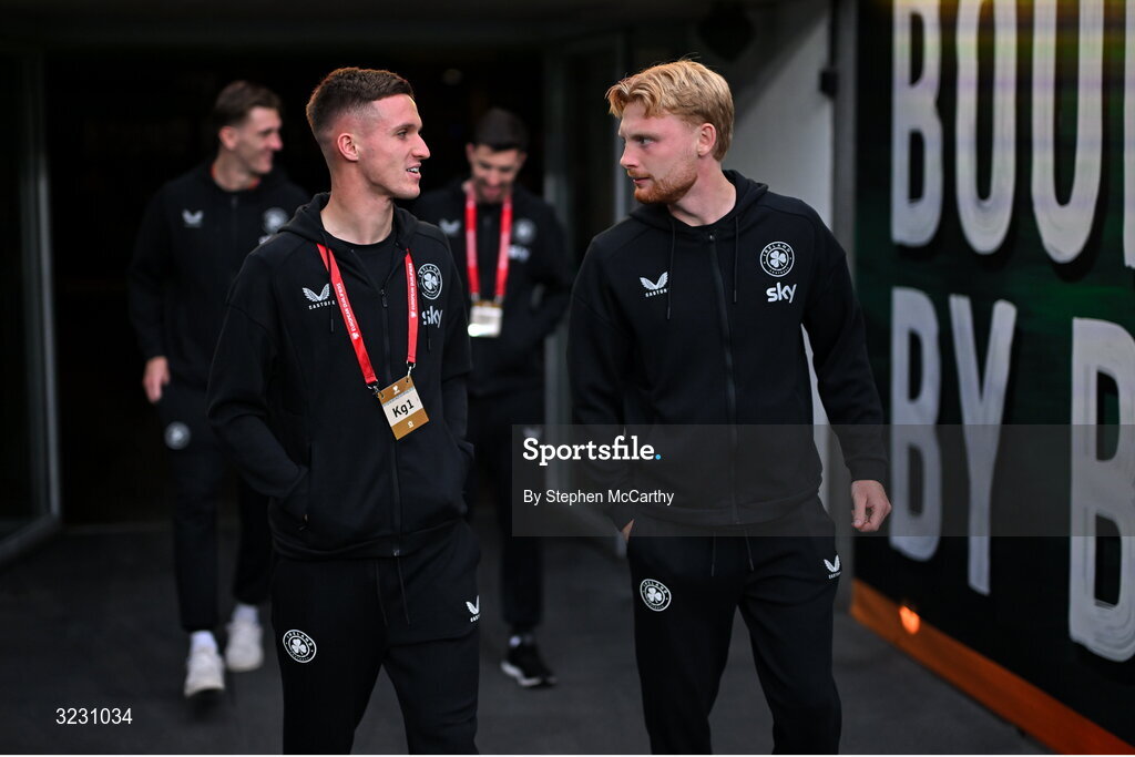 6 September 2025; Johnny Kenny, left, and Liam Scales of Republic of Ireland before the FIFA World Cup 2026 Group F qualifying match between Republic of Ireland and Hungary at the Aviva Stadium in Dublin. Photo by Stephen McCarthy/Sportsfile