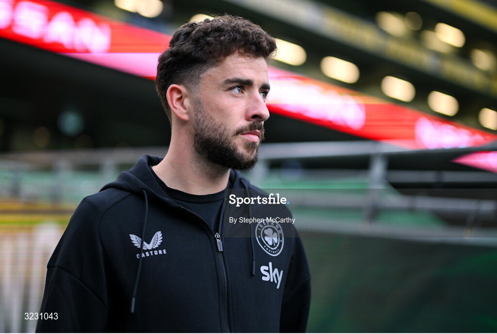 6 September 2025; Mikey Johnston of Republic of Ireland before during the FIFA World Cup 2026 Group F qualifying match between Republic of Ireland and Hungary at the Aviva Stadium in Dublin. Photo by Stephen McCarthy/Sportsfile