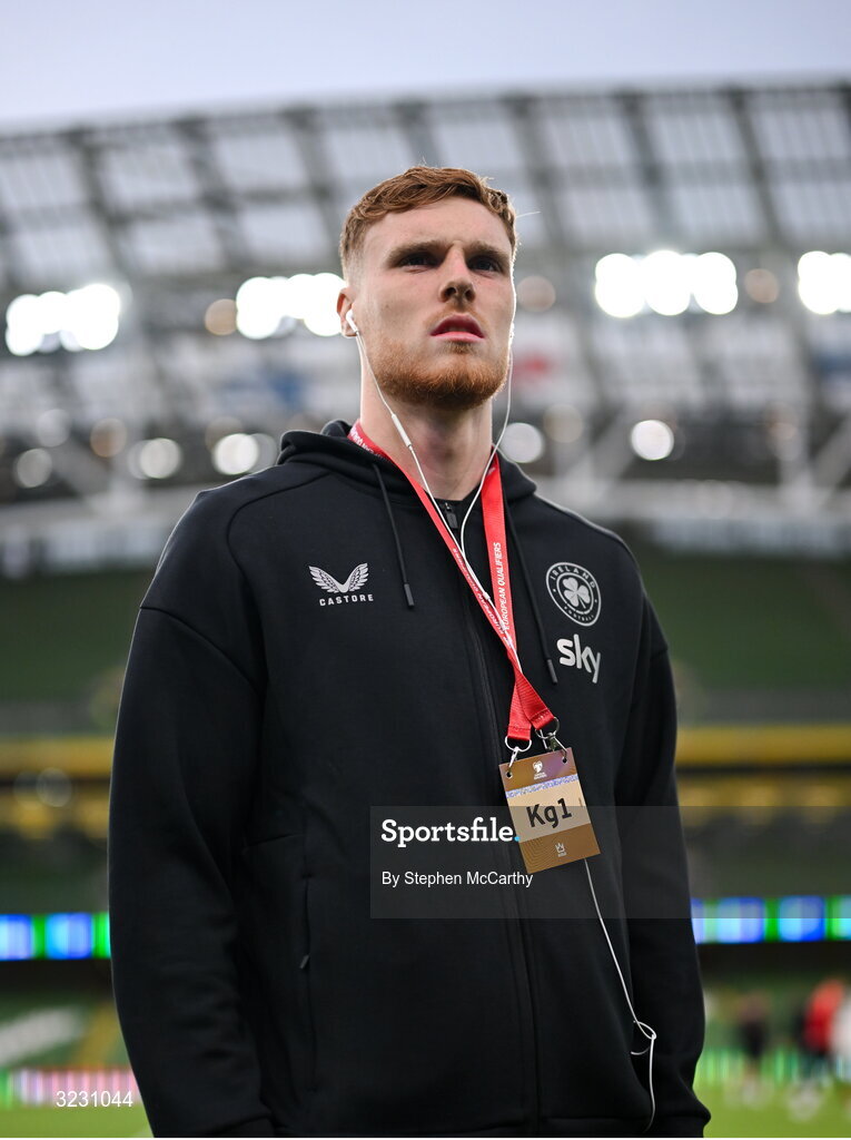 6 September 2025; Jake O'Brien of Republic of Ireland before the FIFA World Cup 2026 Group F qualifying match between Republic of Ireland and Hungary at the Aviva Stadium in Dublin. Photo by Stephen McCarthy/Sportsfile