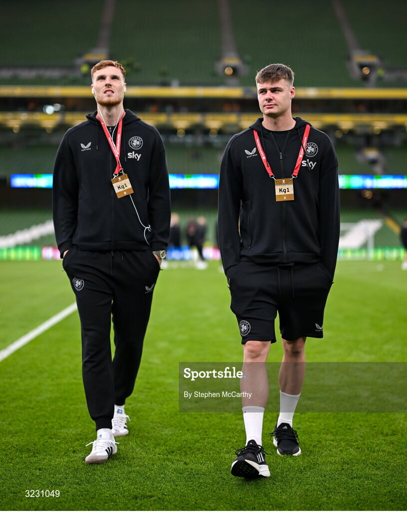 6 September 2025; Jake O'Brien, left, and Evan Ferguson of Republic of Ireland before the FIFA World Cup 2026 Group F qualifying match between Republic of Ireland and Hungary at the Aviva Stadium in Dublin. Photo by Stephen McCarthy/Sportsfile