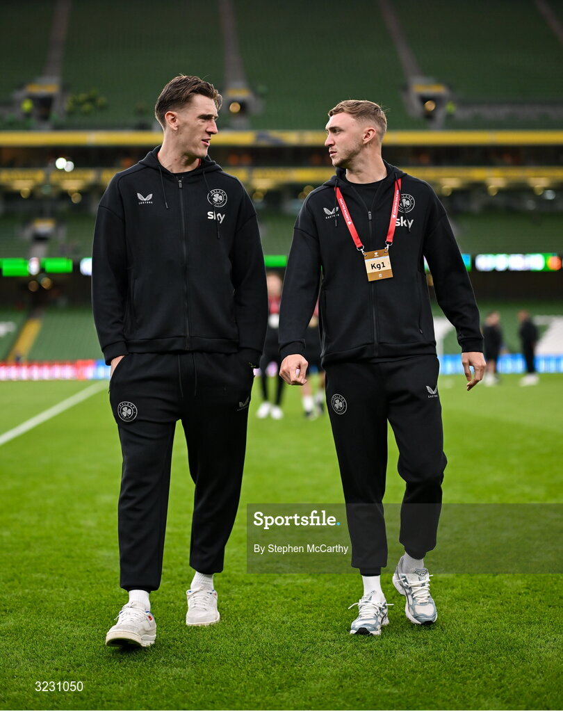 6 September 2025; Jimmy Dunne, left, and Jack Taylor of Republic of Ireland before the FIFA World Cup 2026 Group F qualifying match between Republic of Ireland and Hungary at the Aviva Stadium in Dublin. Photo by Stephen McCarthy/Sportsfile