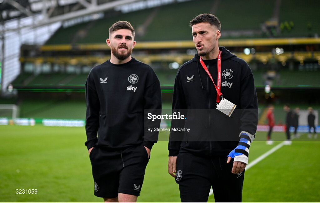 6 September 2025; Ryan Manning, left, and Matt Doherty of Republic of Ireland before the FIFA World Cup 2026 Group F qualifying match between Republic of Ireland and Hungary at the Aviva Stadium in Dublin. Photo by Stephen McCarthy/Sportsfile