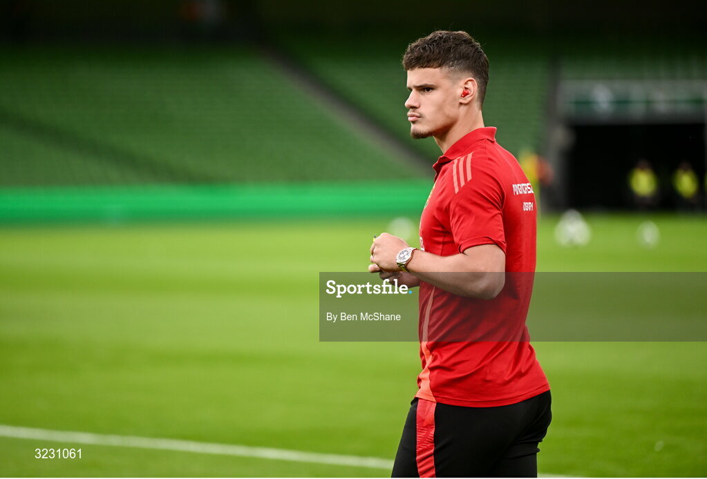 6 September 2025; Milos Kerkez of Hungary walks the pitch before the FIFA World Cup 2026 Group F qualifying match between Republic of Ireland and Hungary at the Aviva Stadium in Dublin. Photo by Ben McShane/Sportsfile