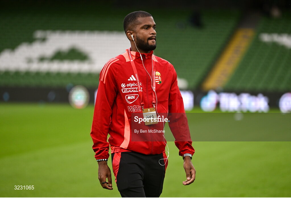 6 September 2025; Loic Nego of Hungary walks the pitch before the FIFA World Cup 2026 Group F qualifying match between Republic of Ireland and Hungary at the Aviva Stadium in Dublin. Photo by Ben McShane/Sportsfile