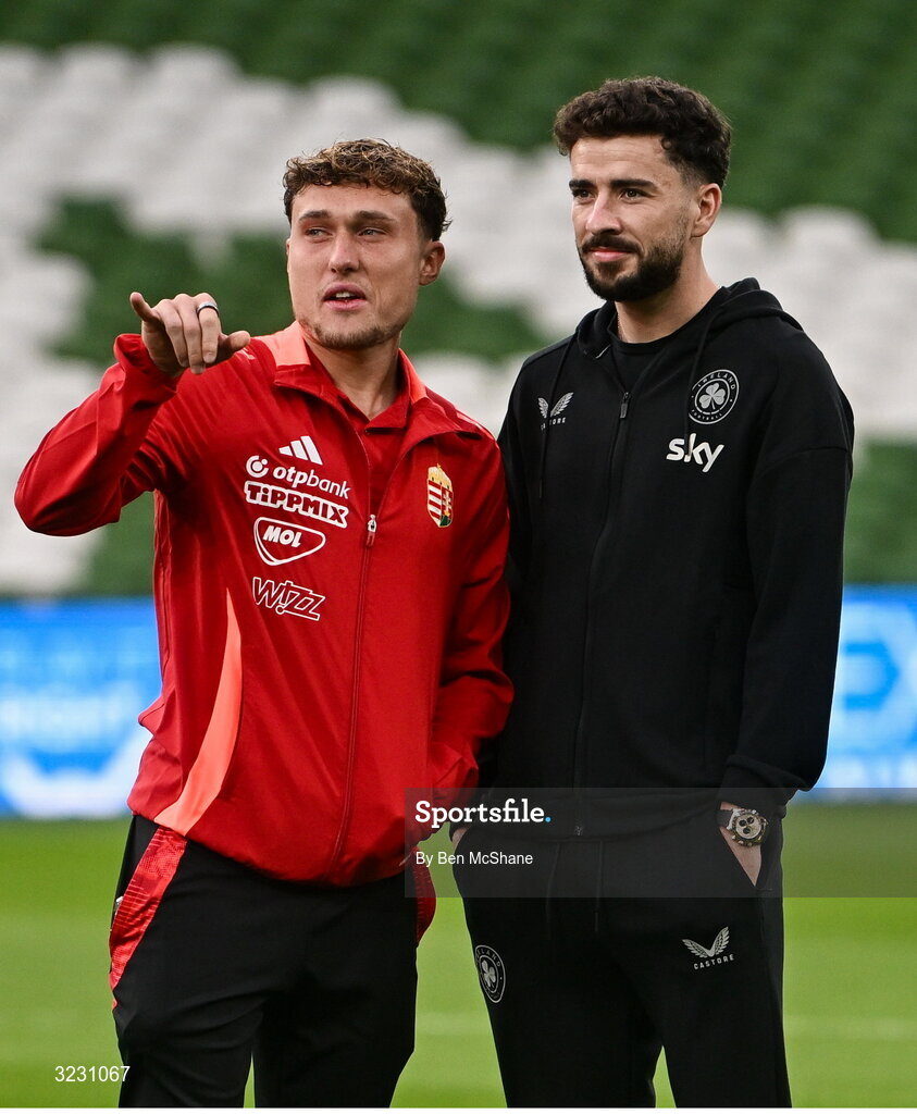 6 September 2025; Callum Styles of Hungary, left, and Mikey Johnston of Republic of Ireland before the FIFA World Cup 2026 Group F qualifying match between Republic of Ireland and Hungary at the Aviva Stadium in Dublin. Photo by Ben McShane/Sportsfile