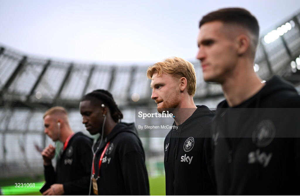 6 September 2025; Liam Scales of Republic of Ireland, centre, and teammates, from left, Killian Phillips, Bosun Lawal and Johnny Kenny before the FIFA World Cup 2026 Group F qualifying match between Republic of Ireland and Hungary at the Aviva Stadium in Dublin. Photo by Stephen McCarthy/Sportsfile