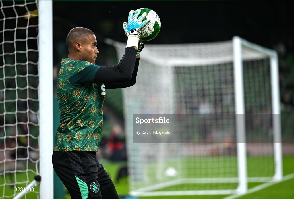 6 September 2025; Republic of Ireland goalkeeper Gavin Bazunu warms-up before the FIFA World Cup 2026 Group F qualifying match between Republic of Ireland and Hungary at the Aviva Stadium in Dublin. Photo by David Fitzgerald/Sportsfile