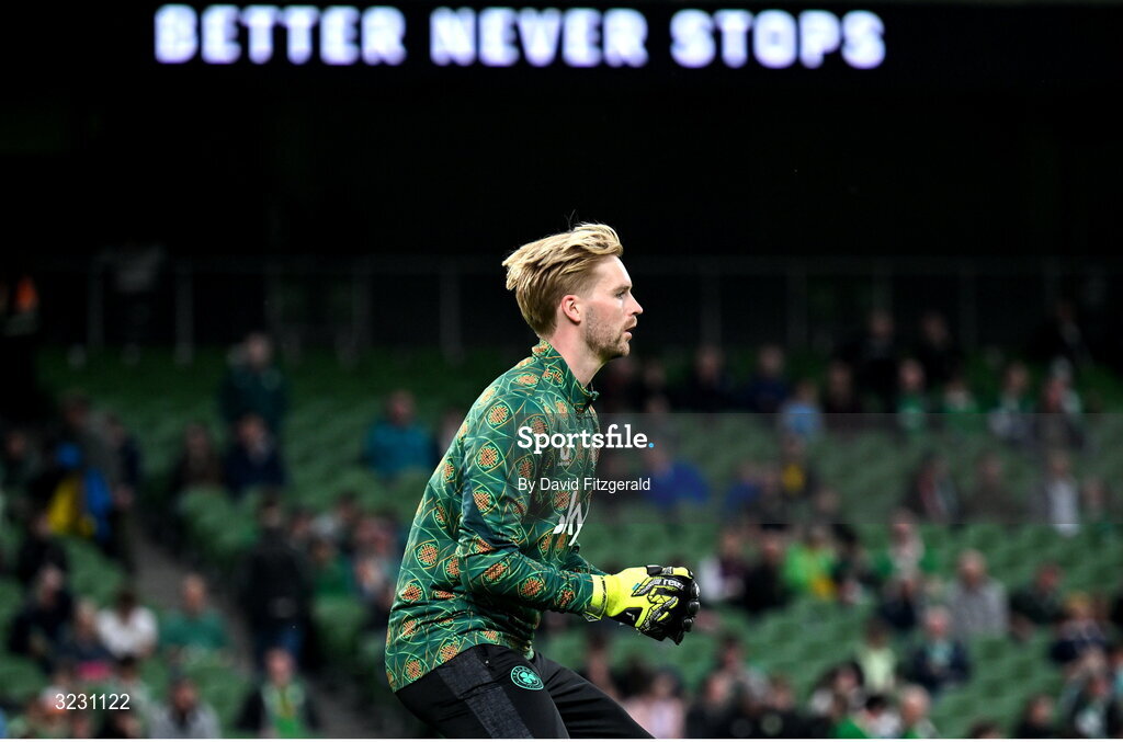 6 September 2025; Republic of Ireland goalkeeper Caoimhin Kelleher warms-up before the FIFA World Cup 2026 Group F qualifying match between Republic of Ireland and Hungary at the Aviva Stadium in Dublin. Photo by David Fitzgerald/Sportsfile