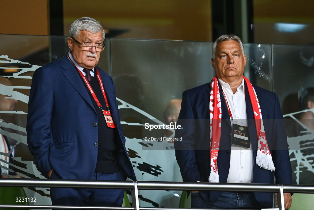 6 September 2025; Hungarian Football Association president Sándor Csányi, left, and Prime Minister of Hungary Viktor Orban before the FIFA World Cup 2026 Group F qualifying match between Republic of Ireland and Hungary at the Aviva Stadium in Dublin. Photo by David Fitzgerald/Sportsfile