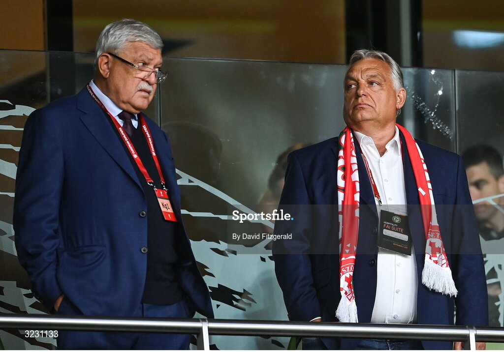 6 September 2025; Hungarian Football Association president Sándor Csányi, left, and Prime Minister of Hungary Viktor Orban before the FIFA World Cup 2026 Group F qualifying match between Republic of Ireland and Hungary at the Aviva Stadium in Dublin. Photo by David Fitzgerald/Sportsfile