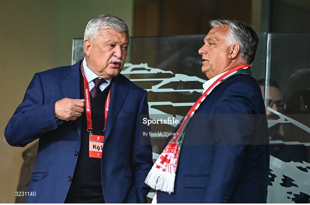 6 September 2025; Hungarian Football Association president Sándor Csányi, left, and Prime Minister of Hungary Viktor Orban before the FIFA World Cup 2026 Group F qualifying match between Republic of Ireland and Hungary at the Aviva Stadium in Dublin. Photo by Ben McShane/Sportsfile