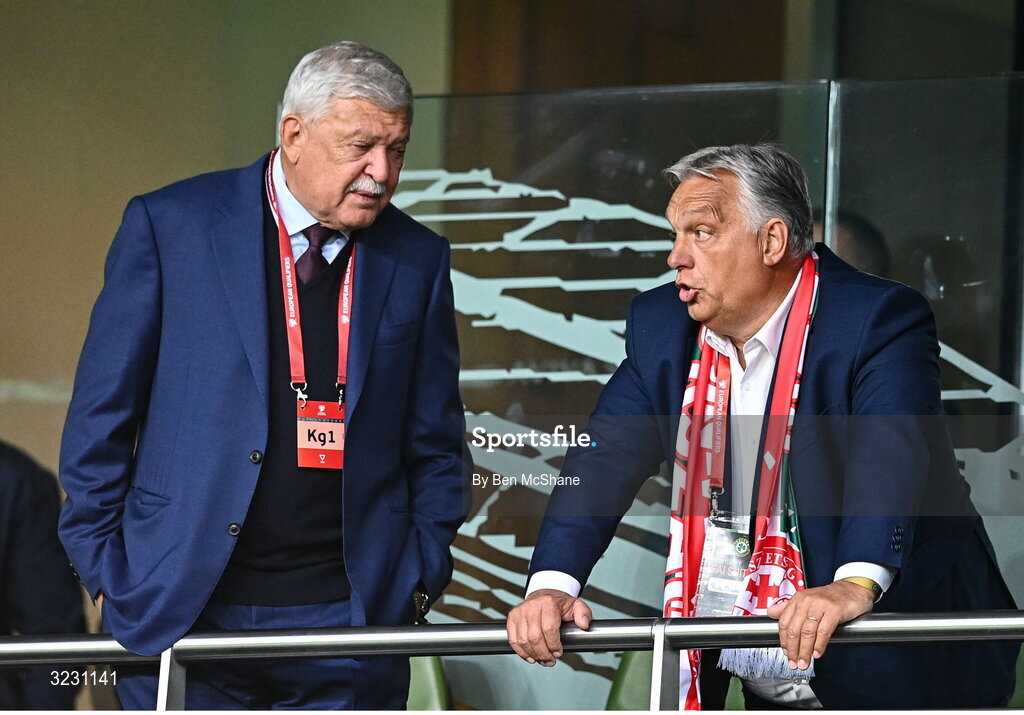 6 September 2025; Hungarian Football Association president Sándor Csányi, left, and Prime Minister of Hungary Viktor Orban before the FIFA World Cup 2026 Group F qualifying match between Republic of Ireland and Hungary at the Aviva Stadium in Dublin. Photo by Ben McShane/Sportsfile