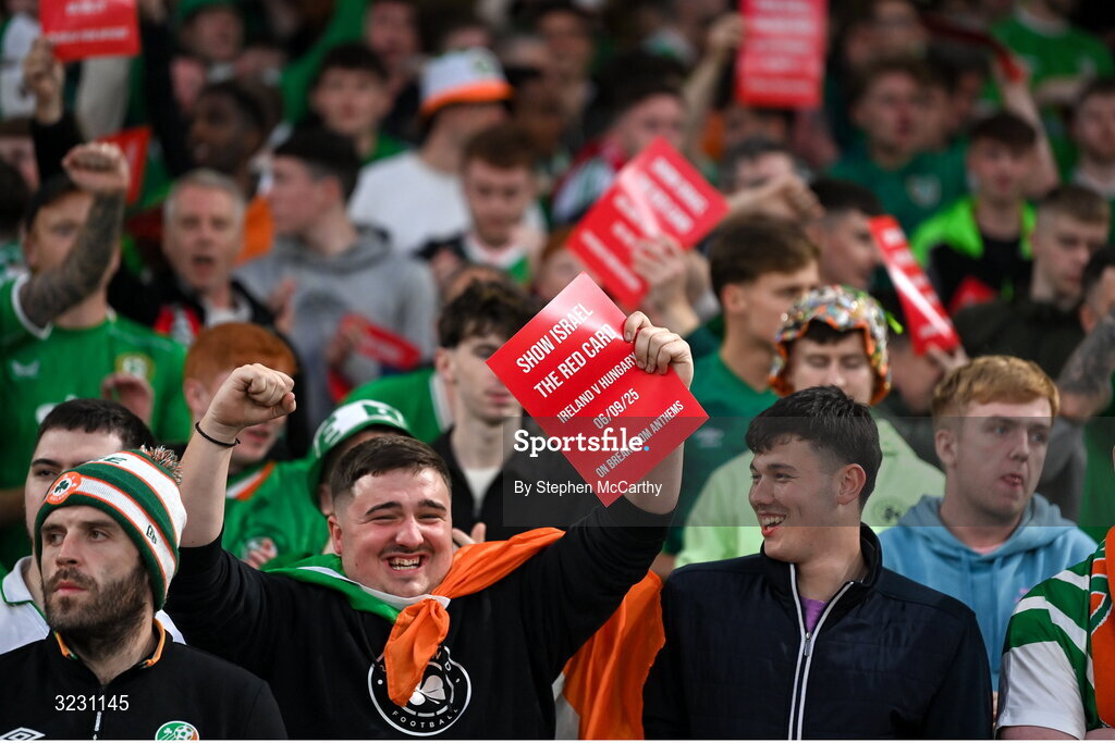 6 September 2025; Republic of Ireland supporters protest against Israel during the FIFA World Cup 2026 Group F qualifying match between Republic of Ireland and Hungary at the Aviva Stadium in Dublin. Photo by Stephen McCarthy/Sportsfile