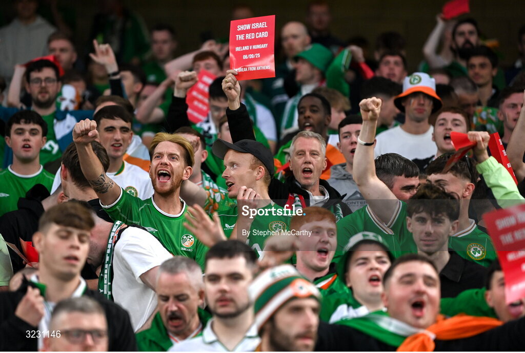 6 September 2025; Republic of Ireland supporters protest against Israel during the FIFA World Cup 2026 Group F qualifying match between Republic of Ireland and Hungary at the Aviva Stadium in Dublin. Photo by Stephen McCarthy/Sportsfile