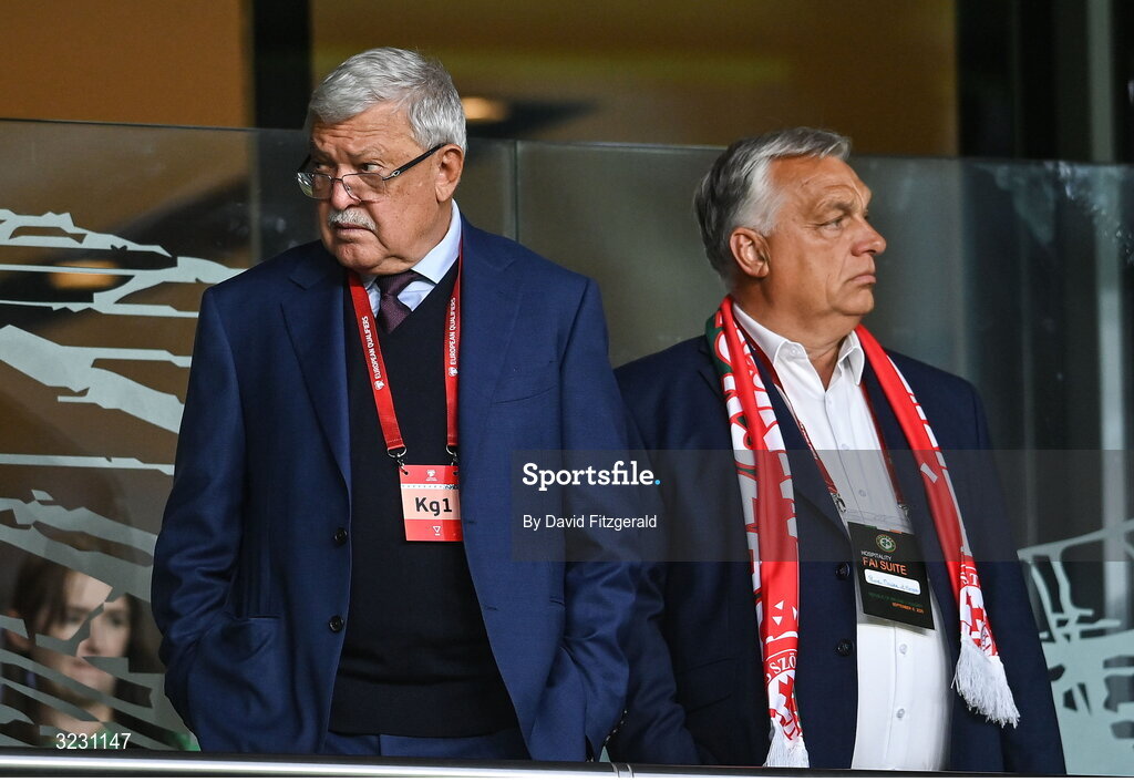 6 September 2025; Hungarian Football Association president Sándor Csányi, left, and Prime Minister of Hungary Viktor Orban before the FIFA World Cup 2026 Group F qualifying match between Republic of Ireland and Hungary at the Aviva Stadium in Dublin. Photo by David Fitzgerald/Sportsfile