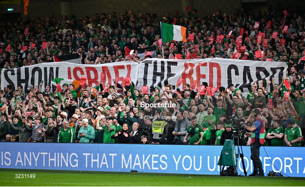 6 September 2025; Republic of Ireland supporters make their feelings know as they protest against Israel before the FIFA World Cup 2026 Group F qualifying match between Republic of Ireland and Hungary at the Aviva Stadium in Dublin. Photo by David Fitzgerald/Sportsfile