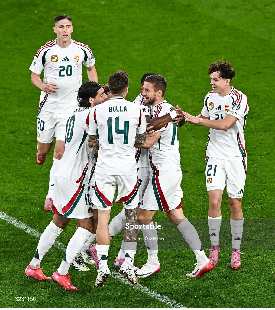 6 September 2025; Hungary players celebrate after Barnabás Varga, centre, scores their side's first goal during the FIFA World Cup 2026 Group F qualifying match between Republic of Ireland and Hungary at the Aviva Stadium in Dublin. Photo by Piaras Ó Mídheach/Sportsfile