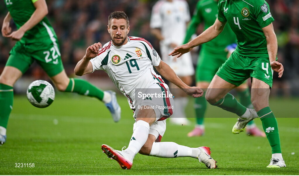 6 September 2025; Barnabás Varga of Hungary, 19, scores his side's first goal during the FIFA World Cup 2026 Group F qualifying match between Republic of Ireland and Hungary at the Aviva Stadium in Dublin. Photo by David Fitzgerald/Sportsfile