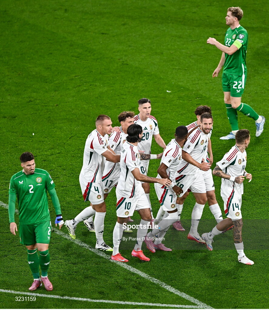 6 September 2025; Hungary players celebrate after Barnabás Varga, centre, scores their side's first goal during the FIFA World Cup 2026 Group F qualifying match between Republic of Ireland and Hungary at the Aviva Stadium in Dublin. Photo by Piaras Ó Mídheach/Sportsfile