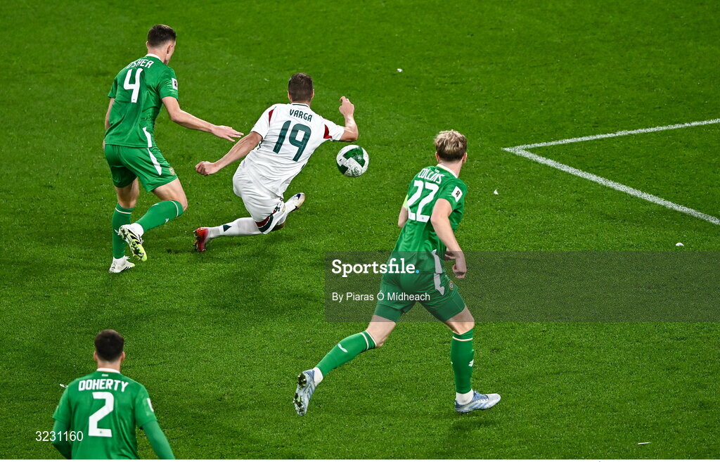 6 September 2025; Barnabás Varga of Hungary shoots to score his side's first goal during the FIFA World Cup 2026 Group F qualifying match between Republic of Ireland and Hungary at the Aviva Stadium in Dublin. Photo by Piaras Ó Mídheach/Sportsfile