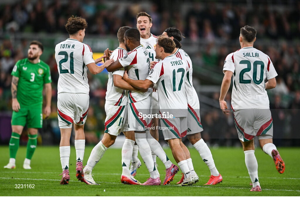 6 September 2025; Barnabás Varga of Hungary, 19, celebrates with teammates after scoring their side's first goal during the FIFA World Cup 2026 Group F qualifying match between Republic of Ireland and Hungary at the Aviva Stadium in Dublin. Photo by David Fitzgerald/Sportsfile