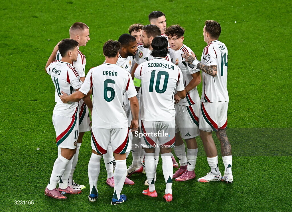 6 September 2025; Hungary players celebrate after Barnabás Varga, centre, scores their side's first goal during the FIFA World Cup 2026 Group F qualifying match between Republic of Ireland and Hungary at the Aviva Stadium in Dublin. Photo by Piaras Ó Mídheach/Sportsfile