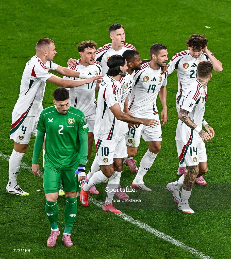 6 September 2025; Barnabás Varga of Hungary, centre, celebrates with team-mates after scoring his side's first goal during the FIFA World Cup 2026 Group F qualifying match between Republic of Ireland and Hungary at the Aviva Stadium in Dublin. Photo by Piaras Ó Mídheach/Sportsfile