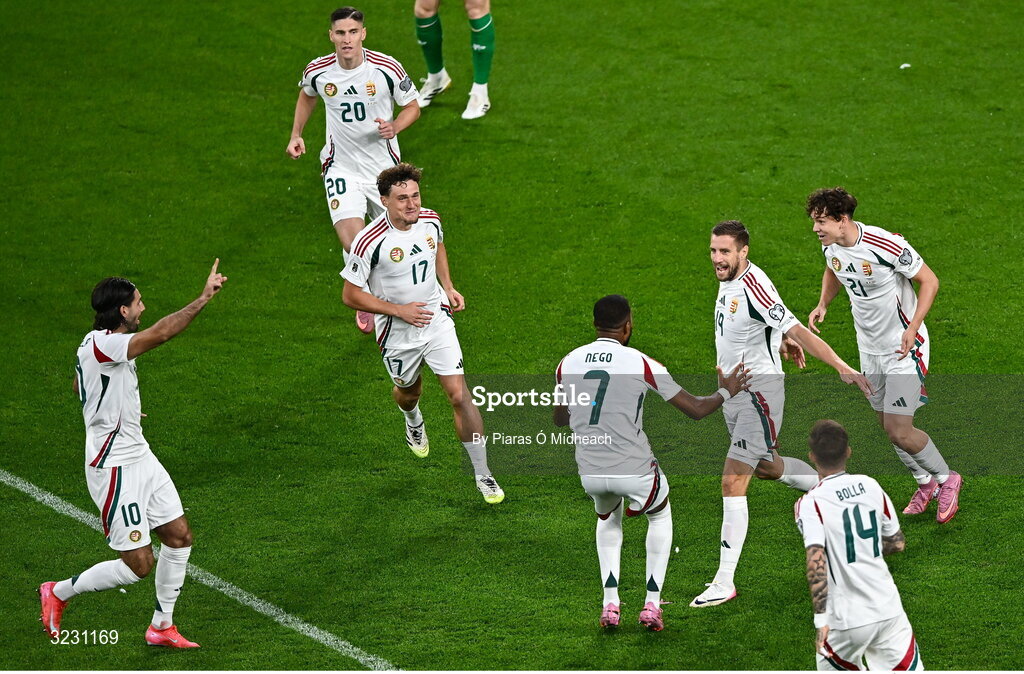 6 September 2025; Barnabás Varga of Hungary, centre, celebrates with team-mates after scoring his side's first goal during the FIFA World Cup 2026 Group F qualifying match between Republic of Ireland and Hungary at the Aviva Stadium in Dublin. Photo by Piaras Ó Mídheach/Sportsfile