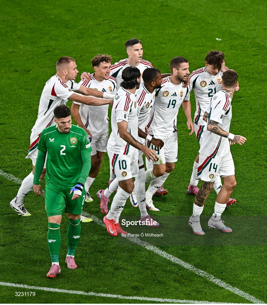 6 September 2025; Barnabás Varga of Hungary, centre, celebrates with team-mates after scoring their side's first goal during the FIFA World Cup 2026 Group F qualifying match between Republic of Ireland and Hungary at the Aviva Stadium in Dublin. Photo by Piaras Ó Mídheach/Sportsfile