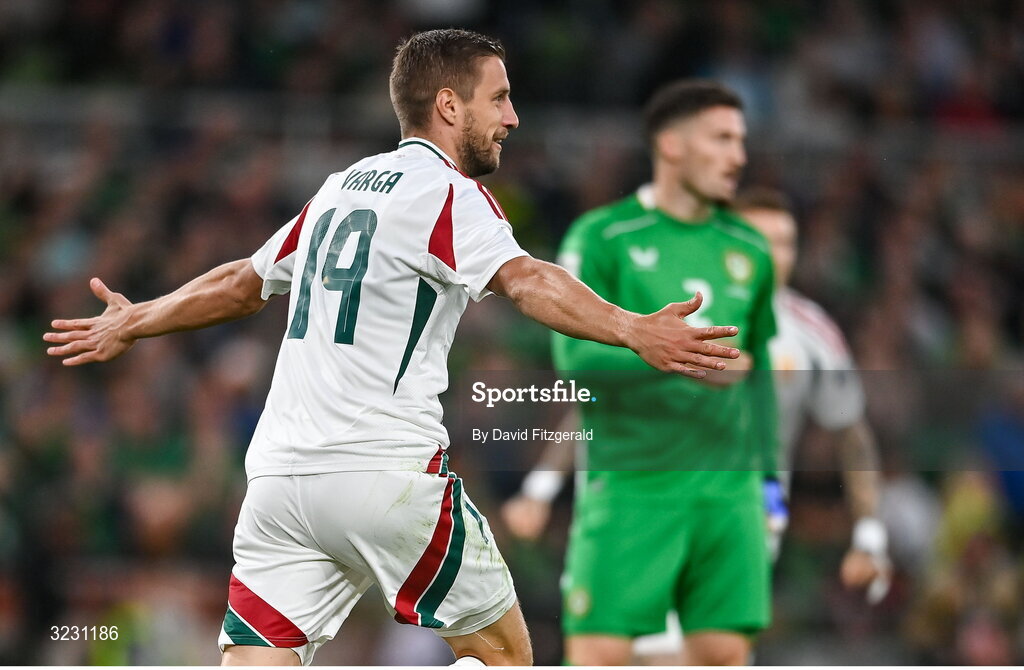 6 September 2025; Barnabás Varga of Hungary celebrates after scoring his side's first goal during the FIFA World Cup 2026 Group F qualifying match between Republic of Ireland and Hungary at the Aviva Stadium in Dublin. Photo by David Fitzgerald/Sportsfile