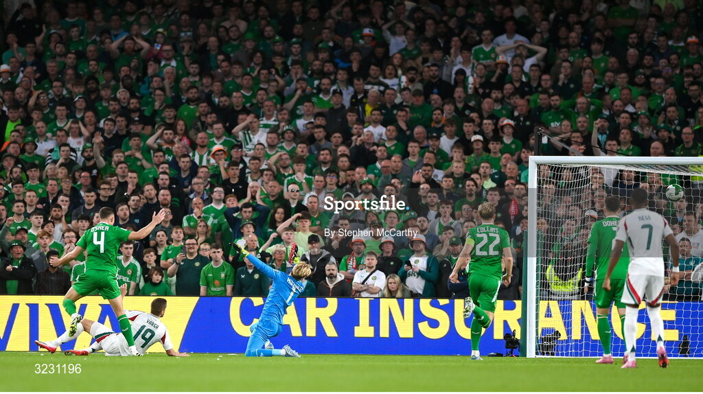 6 September 2025; Barnabás Varga of Hungary scores his side's first goal during the FIFA World Cup 2026 Group F qualifying match between Republic of Ireland and Hungary at the Aviva Stadium in Dublin. Photo by Stephen McCarthy/Sportsfile