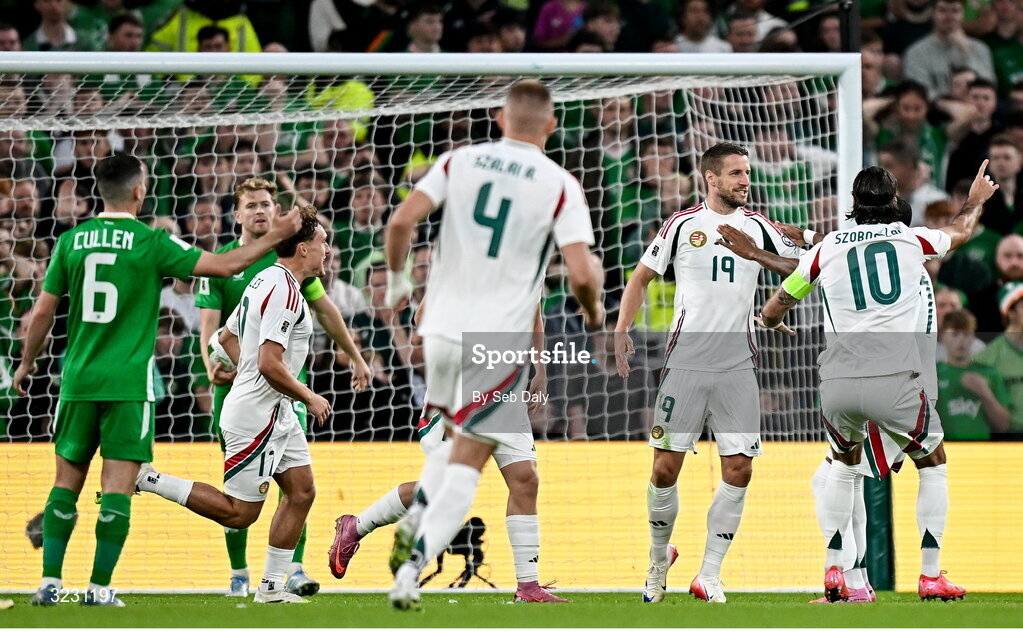 6 September 2025; Barnabás Varga of Hungary, 19, celebrates with team-mates after scoring his side's first goal during the FIFA World Cup 2026 Group F qualifying match between Republic of Ireland and Hungary at the Aviva Stadium in Dublin. Photo by Seb Daly/Sportsfile