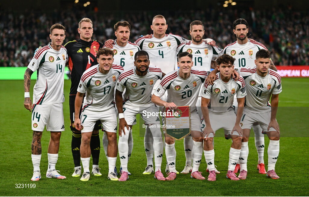 6 September 2025; The Hungary team before the FIFA World Cup 2026 Group F qualifying match between Republic of Ireland and Hungary at the Aviva Stadium in Dublin. Photo by Ben McShane/Sportsfile