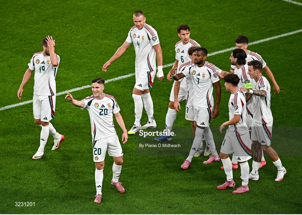 6 September 2025; Roland Sallai of Hungary, centre, celebrates with team-mates after scoring their side's second goal during the FIFA World Cup 2026 Group F qualifying match between Republic of Ireland and Hungary at the Aviva Stadium in Dublin. Photo by Piaras Ó Mídheach/Sportsfile