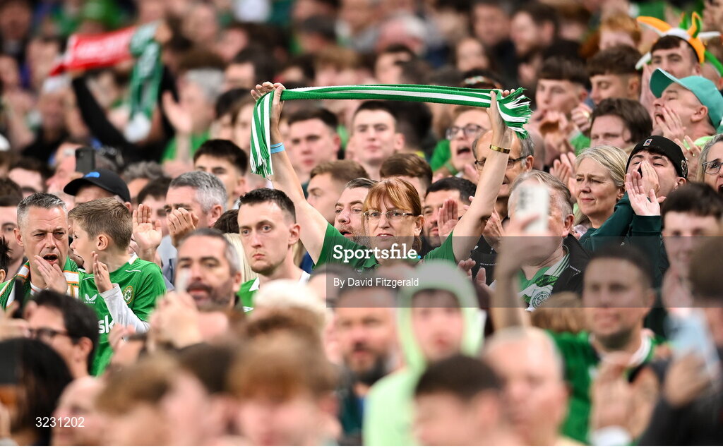 6 September 2025; Republic of Ireland supporters during the FIFA World Cup 2026 Group F qualifying match between Republic of Ireland and Hungary at the Aviva Stadium in Dublin. Photo by David Fitzgerald/Sportsfile