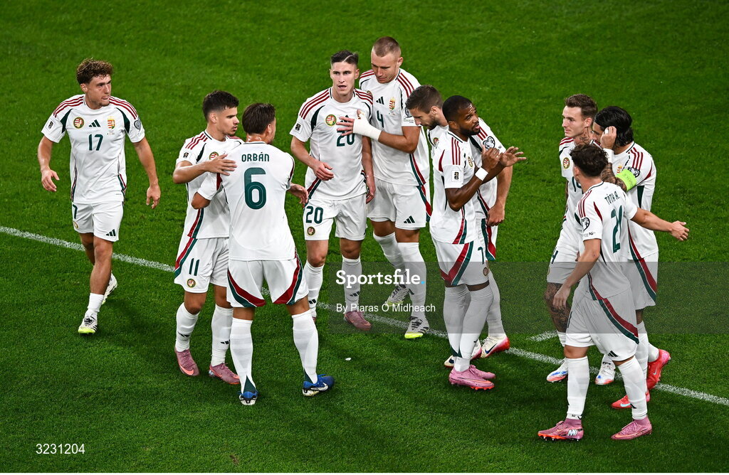 6 September 2025; Roland Sallai of Hungary, centre, celebrates with team-mates after scoring their side's second goal during the FIFA World Cup 2026 Group F qualifying match between Republic of Ireland and Hungary at the Aviva Stadium in Dublin. Photo by Piaras Ó Mídheach/Sportsfile