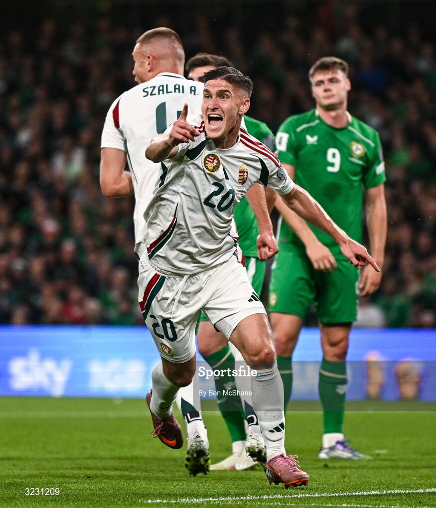 6 September 2025; Roland Sallai of Hungary celebrates after scoring his side's second goal during the FIFA World Cup 2026 Group F qualifying match between Republic of Ireland and Hungary at the Aviva Stadium in Dublin. Photo by Ben McShane/Sportsfile