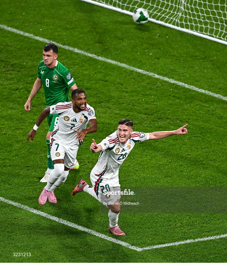 6 September 2025; Roland Sallai of Hungary celebrates after scoring his side's second goal during the FIFA World Cup 2026 Group F qualifying match between Republic of Ireland and Hungary at the Aviva Stadium in Dublin. Photo by Piaras Ó Mídheach/Sportsfile