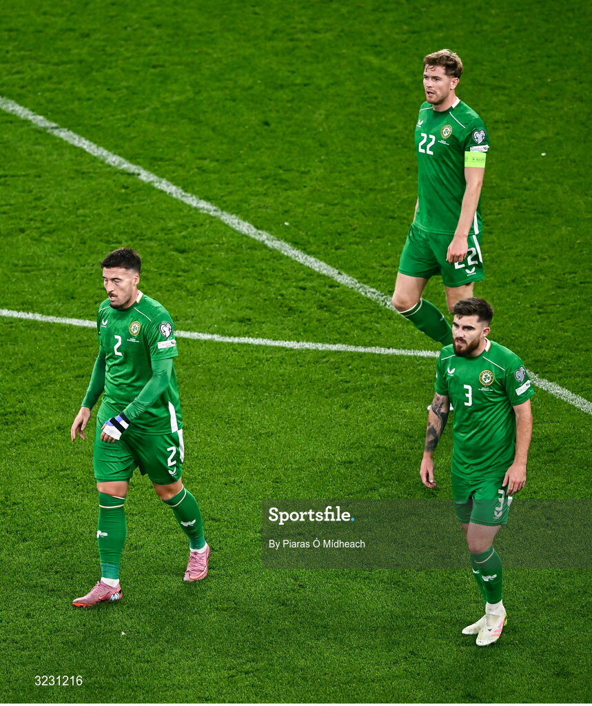6 September 2025; Republic of Ireland players react after conceding their side's second goal during the FIFA World Cup 2026 Group F qualifying match between Republic of Ireland and Hungary at the Aviva Stadium in Dublin. Photo by Piaras Ó Mídheach/Sportsfile