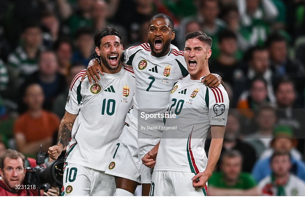 6 September 2025; Roland Sallai of Hungary, right, celebrates with teammates Dominik Szoboszlai and Loic Nego, after scoring their side's second goal during the FIFA World Cup 2026 Group F qualifying match between Republic of Ireland and Hungary at the Aviva Stadium in Dublin. Photo by David Fitzgerald/Sportsfile