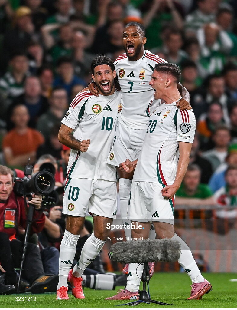 6 September 2025; Roland Sallai of Hungary, right, celebrates with teammates Dominik Szoboszlai and Loic Nego, after scoring their side's second goal during the FIFA World Cup 2026 Group F qualifying match between Republic of Ireland and Hungary at the Aviva Stadium in Dublin. Photo by David Fitzgerald/Sportsfile